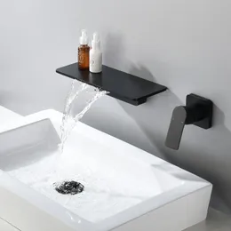 Waterfall Faucet Matte Black Wall Mounted Bathroom Bathtub Faucet Large Shelf Platform Basin Water Mixer Quality Tap