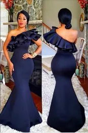 2020 blu navy lungo sirena abiti da damigella d'onore una spalla volant raso lunghezza del pavimento per la cerimonia nuziale donne africane abiti da festa formale vestidos