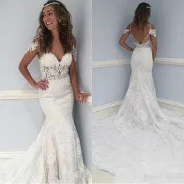 2020 Syrenki Suknie ślubne Koronki Aplikacja Przyjmowane Rękawy V Neck Chapel Train Backless Custom Made Wedding Suknie Ślubne Plus Size