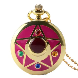 الرسوم المتحركة الذهبية الفاخرة الساعات الجانبانية Cosplay Sailor Moon Star Quartz Pocket Watch مع سلسلة قلادة الرجال هدية للنساء