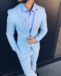2020 Sky Blue Slim Fit Mens Suits for Wedding Prom Groom Tuxedos 2 Pieces Jacket Pants Male Suits Set Best Man Stage Clothes