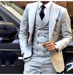 New Custom Made One Button Light Grey Wedding Groom Tuxedos Peak Lapel Groomsmen Mens Business Party Suits (Jacket+Pants+Vest+Tie) 585