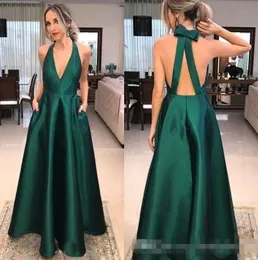 Green Satin Vintage A Line Prom Dresses Deep V Neck Sexy Backless Bow Floor Length Formal Evening Wear Tail Party Gowns