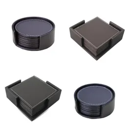 6pcs Square Round Leather Cup Pads with Holder Brown Black Table Mats Barware Placemat for Beer Drink Coaster