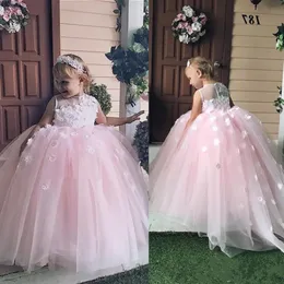 Nowe sukienki dla małych dziewczynek pentelei tanie z długimi rękawami i kieszeniami Aplikacje satynowe Ivory Party Flower Girl Dresses
