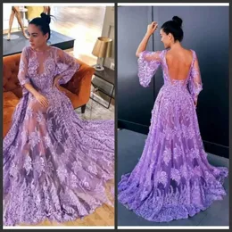Full Lace Charming Prom Dresses Jewel Neck Poet Long Sleeves Backless Elegant Evening Formal Dresses 2019 Sweep Train Women Party Gowns