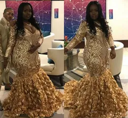 Złoty Plus rozmiar afrykańskie suknie wieczorowe z długim rękawem V Neck aplikacje cekiny kwiaty Ruffles syrenka suknie na bal maturalny szaty de soir￩e