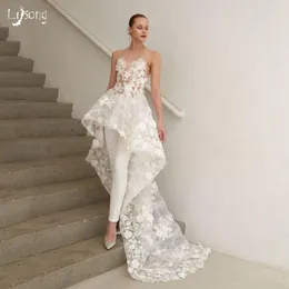 Kwiatowe białe wspaniałe kombinezony sukienki o wysokiej niskiej koronkowej plaży seksowna wiejska sukienka ślubna plus size ślubne suknie ślubne