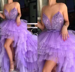 Most Popular High Low Prom Dresses Sexy Spaghetti Tiered Tulle Evening Gowns Homecoming Dresses Layers Sweep Train Cocktail Party 223x