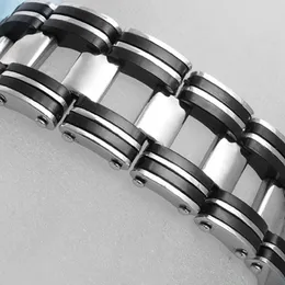 Wholesale- Men Silver Stainless Steel Black Rubber Motorcycle Biker Chain Bracelet