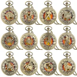 Vintage Pocket Watch Twelve Constellations Zodiac Men Women Analog Quartz Watches with Necklace Chain Birthday Gifts reloj de bolsillo