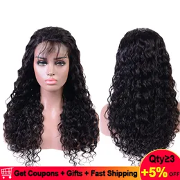 U Część Wig Brazylijska Woda Wave Lace Front Human Hair Wigs 4 * 4 Pre wyrwane 150% Remy Perruque Cheveux Humain Bresiliens