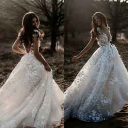 Berta 2019 Boho Wedding Dresses Backless Sweep Train Lace Applique Tulle Beach Bridal Gowns Cap Sleeves Deep V Neck robe de mariée