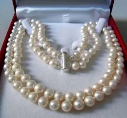 2Rows Genuine 8-9mm Natural White Akoya Cultured Pearl Necklace atado Mão 17-18 ''