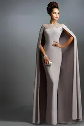 Günstige lange Meerjungfrau-Kleider für die Brautmutter mit Cape, Illusionsausschnitt, Spitze, formelle Party-Abschlussball-Abendkleider3087