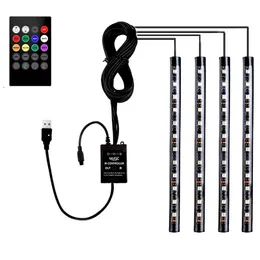 4 pezzi Auto RGB Multicolor Interni Musica Voice Active Funzione Illuminazione a strisce LED con kit di controllo remoto Porta USB