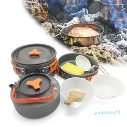 Wholesale-camping cookware屋外旅行アルミクッキングキットピクニック1-2人屋外キャンプハイキング調理器具ボウルポットパンセット