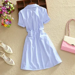 Fashion-Soperwillton 2018 Office Summer Style Boho T Shirt Dress Lady Elegant Blue Striped Wear to Work Shirts Women Dresses Mini #A728