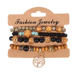 Set Di 4 Braccialetti Bohémien Multistrato – Perline Di Legno, Albero Della Vita E Nappe – Regalo Con Portagioie In Lino