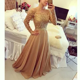 Gold Shoulder Elegant Off Evening Dresses Long Hidees Chiffon Floor Length Beaded Midja Formell prom Party Gown Lace 2019 Custom Made Made