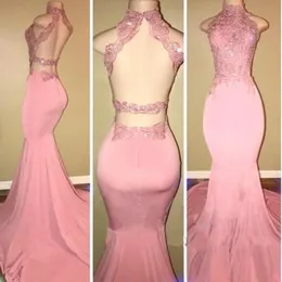 Sexy Backless Pink 2019 Prom Dresses Satin Open Back Mermaid Pageant African Koronki Cekiny Wieczór Vestido de Noche Formalne Długie Party Suknie