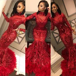 2020 New Sexy Red Prom Dresses High Neck Sequined Lace Long Sleeves Mermaid Sequins Feather Sweep Train Party Dress Formal Evening Gowns