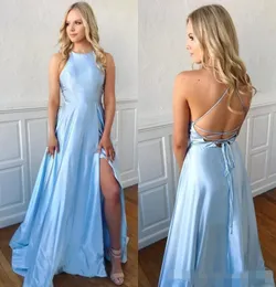 Blue Prom Light Dresses Sexig Criss Cross Backless Satin Sweep Train Side Slit Custom Made Evening Party Gown Formal OCN Wear