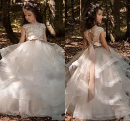 Ruffles Tulle Princess Flower Girl Dresses 2020 Lace Cap Sleeve Bow Belt Little Girls Pageant Party Gowns Kids First Communion Dress AL5542