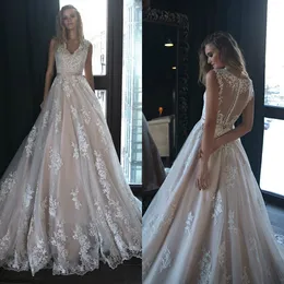 Champagne A Line Wedding Dresses Deep V Neck Country Style Lace Appliqued Bridal Gowns Custom Made Tulle Wedding Dress