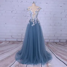 Parti Gece Elbisesi Kadın Kepçe A-Line Çiçek Tull Mavi Balo Elbisesi Mezuniyet Vestido De Festa 2019272i