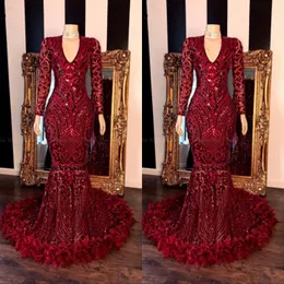 Rote Meerjungfrau Prom Kleider Deep V Neck Langarm Rüschen Spitzenperlen Abendkleider Vestido de Fiesta Formales Festzugskleid