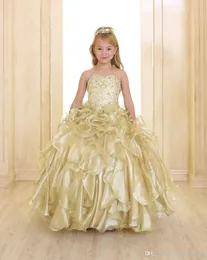 2020 Sparkling Girls Pageant Dresses Gold Princess Spaghetti Strap Crystal Beads Ruffles Organza Ball Gown Flower Girls Dresses With Vest