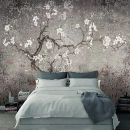 カスタム写真の壁紙レトロな梅の花の壁画中国のスタイルの手描きの花の鳥の壁絵画リビングルーム研究フレスコ