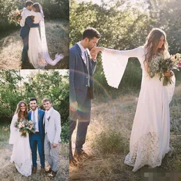 Country Boho Dresses Lace v Neck Long Poet Sleeves Made Made Beach Wedding Bridal Bridal بالإضافة إلى حجم Vestido de Novia Estido