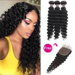 Peruvian Human Hair Bundles with Closure Buy 3Bundles Get A Free Closure Deep Loose Loose Wave Yaki Indian Straight Deep Wave Body Water