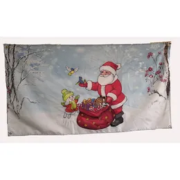 3x5 Merry Christams Flag Polyester Printing Santa Claus Birds Dog Together Playing Christams Flag Banner 5x3
