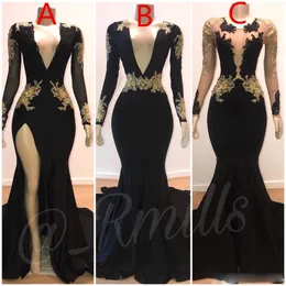 Sexig Backless Prom Dresses Mermaid Gold Lace Applique V Neck Långärmad Illusion High Side Split Elegant Evening Formal Grows