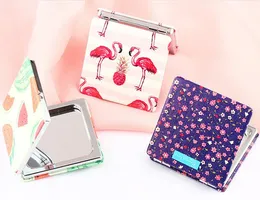 Plant Printing Mini Dual Sides PU Portable Makeup Mirror Pocket Stainless Steel Frame Cosmetic Mirror