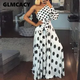 Kobiety Casual Polka Dot Drukowana Dress Summer Sexy Jedno Ramię Z Długim Rękawem Long Maxi Dress Elegant Party Club Sashes Vestidos