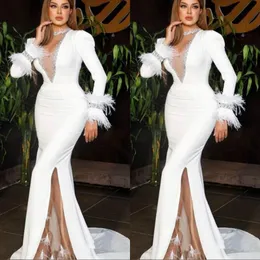 Long Feather White Sleeve Mermaid Prom Dress Sheer V Neck Side Split African Formal aftonklänningar