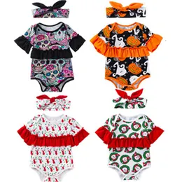 Baby Girls Christmas Halloween Jumpsuit Deer Pumpkin Ghost Printed Lace Rompers Single-breasted Bow Slips Headband Girls Outfits M048