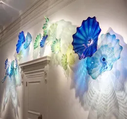 Lâmpadas abstratas modernas artes azul e verde placa de flor de decoração 100% mão soprada de vidro pendurado placas de parede