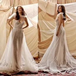 Berta 2021 Nya bröllopsklänningar Spaghetti Straps Sparkle Sequined Bröllopsklänningar Sexig Illusion Vestido de Novia