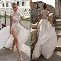 Julie Vino 2020 New High Slits Bröllopsklänningar Böhmen Sexiga Lace Appliqued Bridal Gowns A Line Beach Wedding Dress