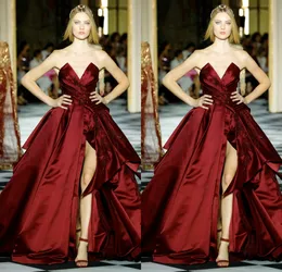 Zuhairmurad Customized Red Ball Gown Evening Dress Strapless Sleeveless Formal Dress Satin Split Applique Party Bridesmaid Gown