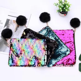 Sjöjungfru sequin makeup väska svart päls boll dragkedja pitt penna förvaring påsar bärbar glitter reversibel sequin kosmetisk väska