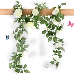 Silk Roses Artificial Flowers Vine with Fake Green Leaves Home for Wedding Decoration diy Hanging Garland