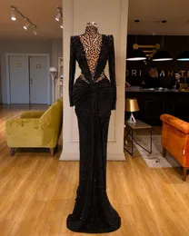 Aso Ebi 2019 Arabic Black Sparkly Sexy Evening Crystals Mermaid Prom Dresses Long Sleeves Formal Party Second Reception Gowns SY355