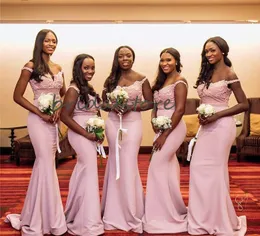 アフリカオフショルダーカントリーブライドメイドドレスピンクスリムマーメイドウエディングドレスアップリケサテンロングイブニングドレス2020メイド名誉ガウン