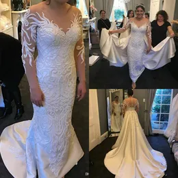 2020 Underbara sjöjungfrubröllopsklänningar med avtagbara tåg Lace Appliqued Pärlor Långärmad Bröllopsklänning Anpassad Robes de Mariée 45544